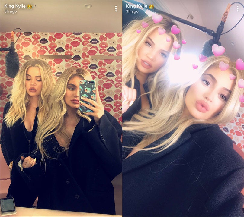 Khloe Kardashian and Kylie Jenner filming snapchat