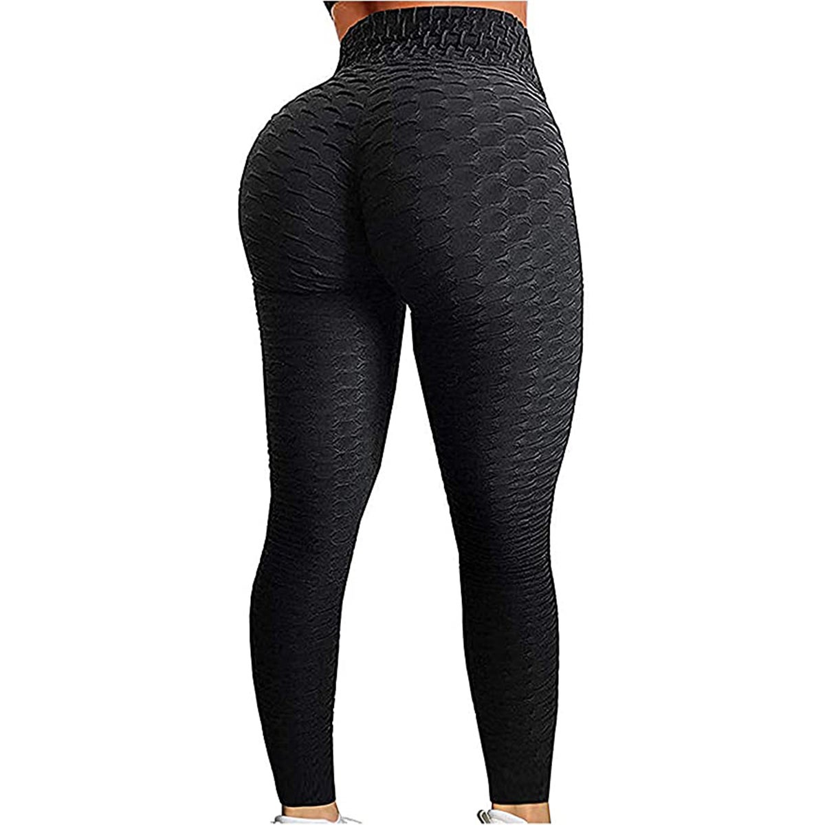 Qoq Womens High Waist Yoga Pants Tummy Control Slimming Textured Booty Leggings Workout Ruched