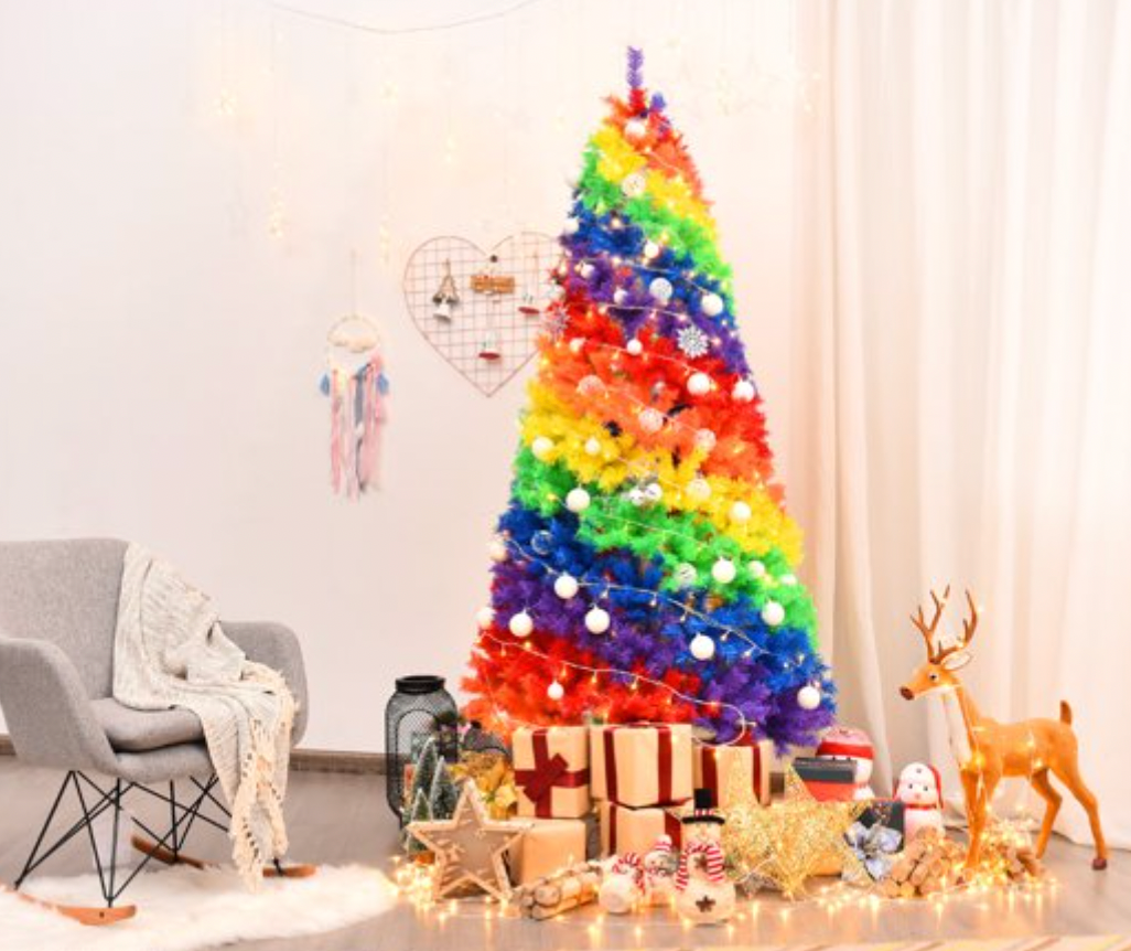 Gymax 7 ft Colorful Rainbow Hinged Christmas Tree