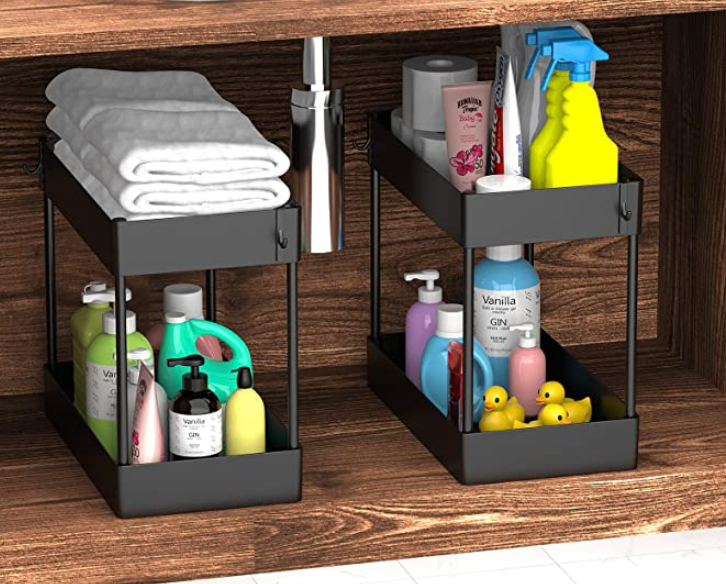 MPM 2 Pack Under Sink Shelf, Kitchen Organizers, 2 Tier Bathroom Cabinet  Drawer, Multi-purpose Storage with 4 Hooks 