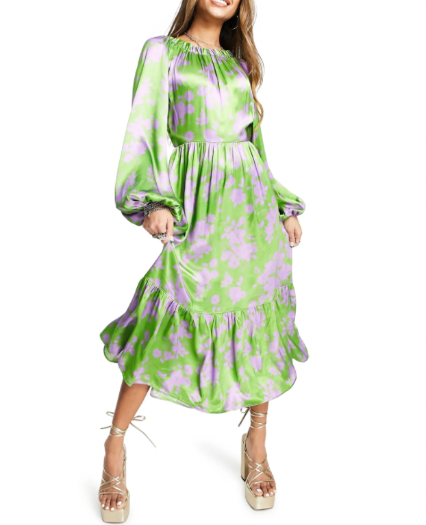 Floral Long Sleeve Satin Dress