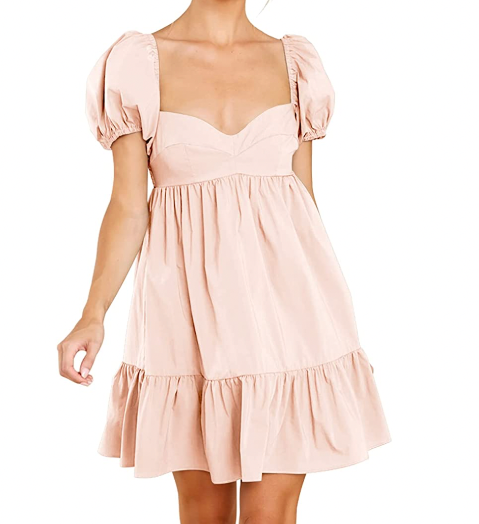 Sweetheart Neckline Puff Sleeve Ruffle A-Line Casual Loose Flowy Swing Mini Dress