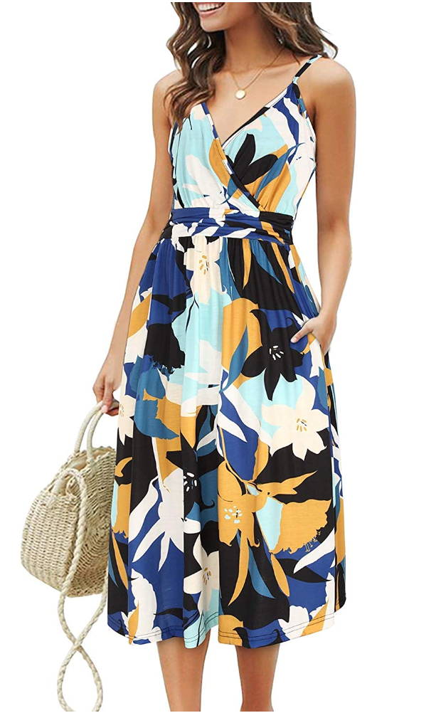 OUGES Spaghetti Strap V-Neck Floral Dress