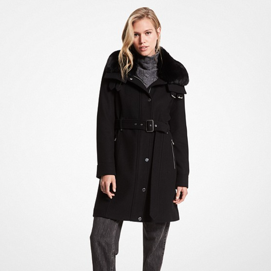 Faux Fur-Trimmed Wool Blend Coat