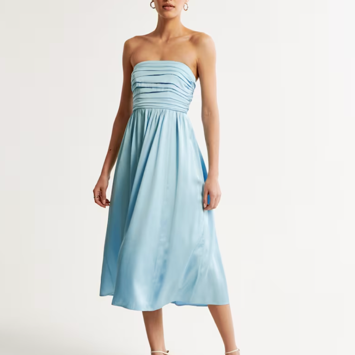 Satin Emerson Ruched Strapless Midi Dress