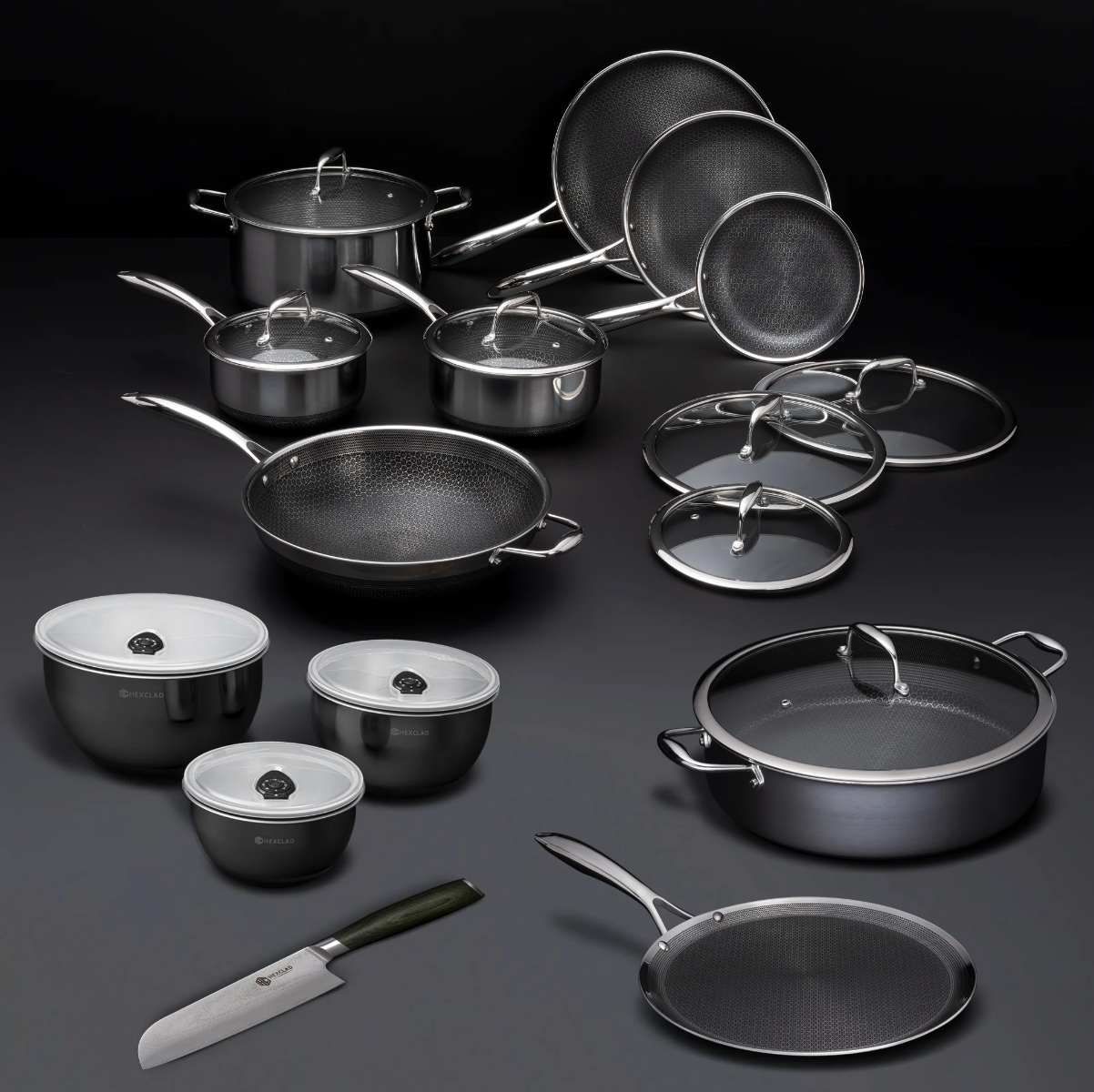 HexClad 7-Piece Hybrid Stainless Steel Cookware Set with Lids and