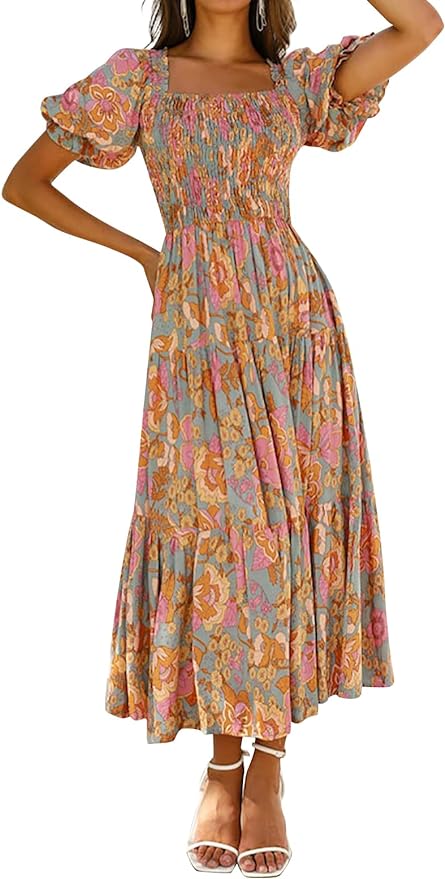 PRETTYGARDEN Women's Summer Casual Boho Dress Floral Print Ruffle Puff  Sleeve High Waist Midi Beach Dresses : : Clothing, Shoes &  Accessories