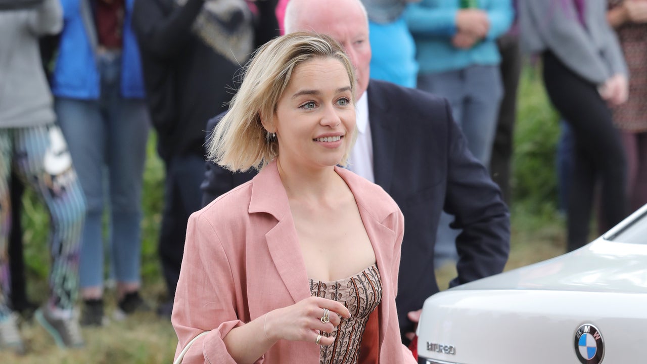 Emilia Clarke pink wedding guest dress