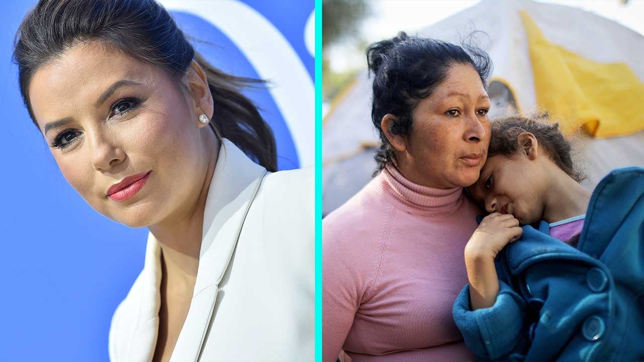 Eva Longoria (left) alongside migrant family at the U.S.-Mexico border