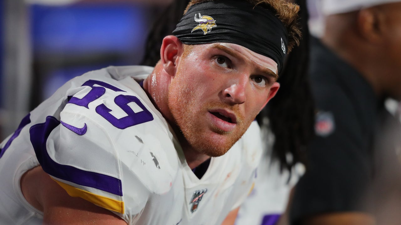 Cameron Smith #59 of the Minnesota Vikings watches from the bench during the second half of a preseason game against the Minnesota Vikings at New Era Field on August 29, 2019 in Orchard Park, New York. Buffalo beats Minnesota 27 to 23. 