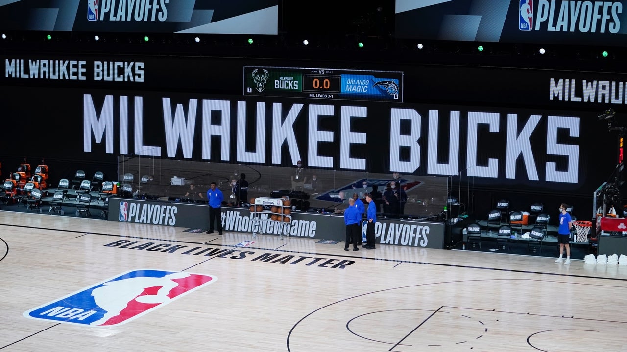 The benches are empty at the scheduled start of the first half of game five between the Orlando Magic and the Milwaukee Bucks in the first round of the 2020 NBA Playoffs at ESPN Wide World Of Sports Complex on August 26, 2020 in Lake Buena Vista, Florida. NOTE TO USER: User expressly acknowledges and agrees that, by downloading and or using this photograph, User is consenting to the terms and conditions of the Getty Images License Agreement.