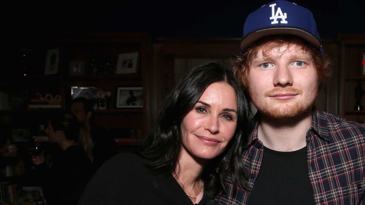  (L-R) Actress Courteney Cox, recording artist Ed Sheeran and producer Randy Jackson attend Rock4EB! 2015 with Ed Sheeran and David Spade on November 15, 2015 in Malibu, California.