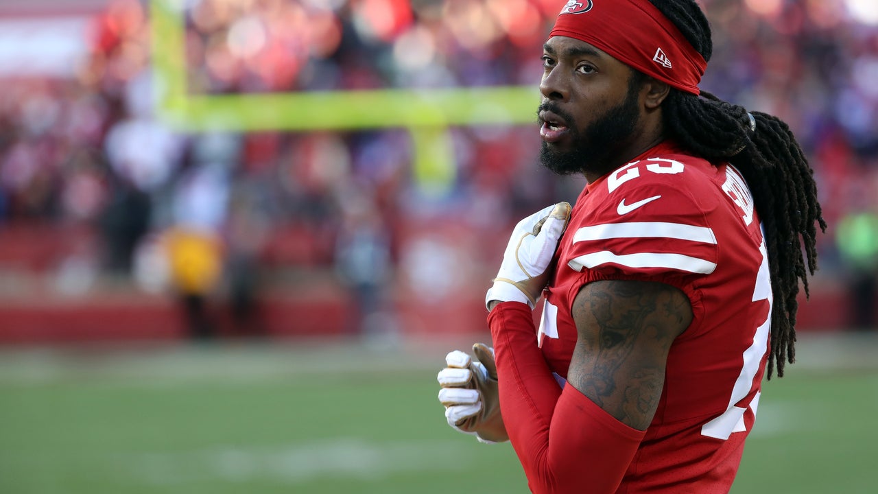 San Francisco 49ers Cornerback Richard Sherman (25) stands on the sideline during an NFC Divisional Playoff game between the San Francisco 49ers and the Minnesota Vikings on January 11, 2020, at Levi's Stadium in Santa Clara, California.