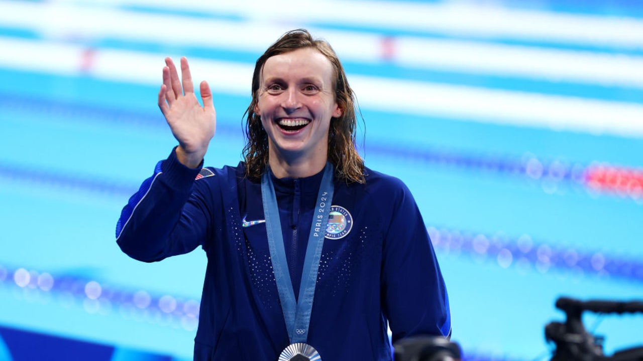 Silver Medalist Katie Ledecky of Team United States reacts following the Swimming medal ceremony after the Women's 4x200m Freestyle Relay Final on day six of the Olympic Games Paris 2024 at Paris La Defense Arena on August 01, 2024 in Nanterre, France.