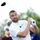 Travis Kelce plays a shot during Capital One's The Match VIII - Curry & Thompson vs. Mahomes & Kelce at Wynn Golf Club on June 29, 2023 in Las Vegas, Nevada.