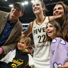 Ashton Kutcher, son Dimitri, Caitlin Clark, daughter Wyatt, and Mila Kunis