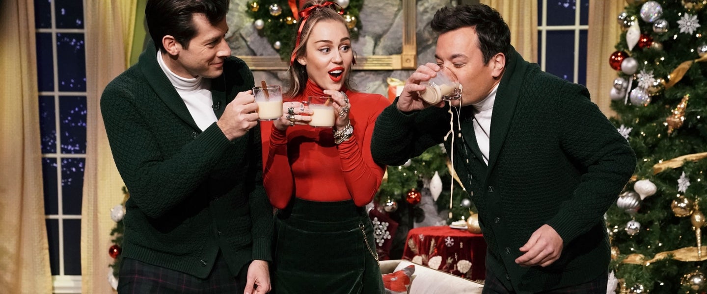 Miley Cyrus and Mark Ronson on the Tonight Show