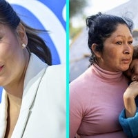 Eva Longoria (left) alongside migrant family at the U.S.-Mexico border