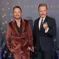 Aaron Paul (L) and Bryan Cranston attend the grand opening of Fontainebleau Las Vegas on December 13, 2023 in Las Vegas, Nevada. 