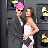 Justin Bieber and Hailey Bieber at the 64th Annual Grammy Awards held at the MGM Grand Garden Arena on April 3rd, 2022 in Las Vegas, Nevada. 