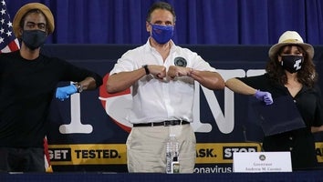 Andrew Cuomo Is joined by Rosie Perez and Chris Rock at a press conference where the two performers helped to promote coronavirus testing, social distancing and the use of a face mask on May 28, 2020 in New York City. 