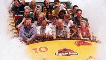 The cast of 'Jurassic Park' enjoying the ride's climatic splash down.