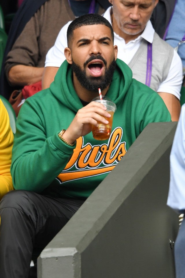 Drake attends day eight of the Wimbledon Tennis Championships at the All England Lawn Tennis and Croquet Club on July 10, 2018 in London, England.