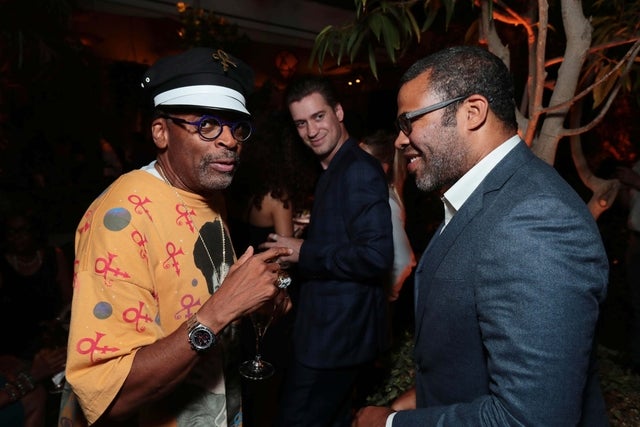 Jordan Peele and Spike Lee chat at the BlacKkKlansman premiere in Beverly Hills on Aug. 8.