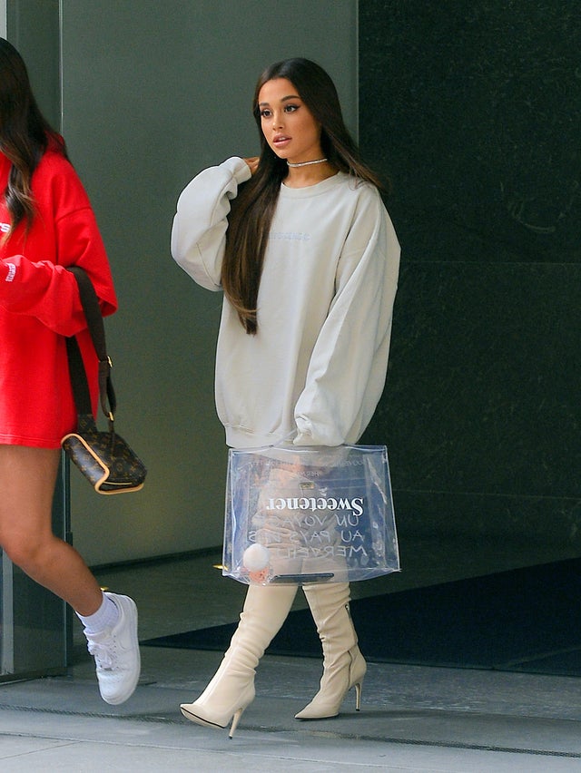 Ariana Grande in white sweatshirt in NYC