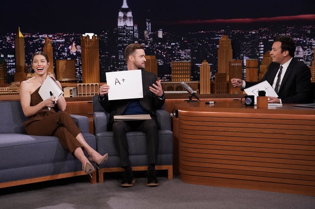 Jessica Biel, Justin Timberlake, and Jimmy Fallon on Tonight Show