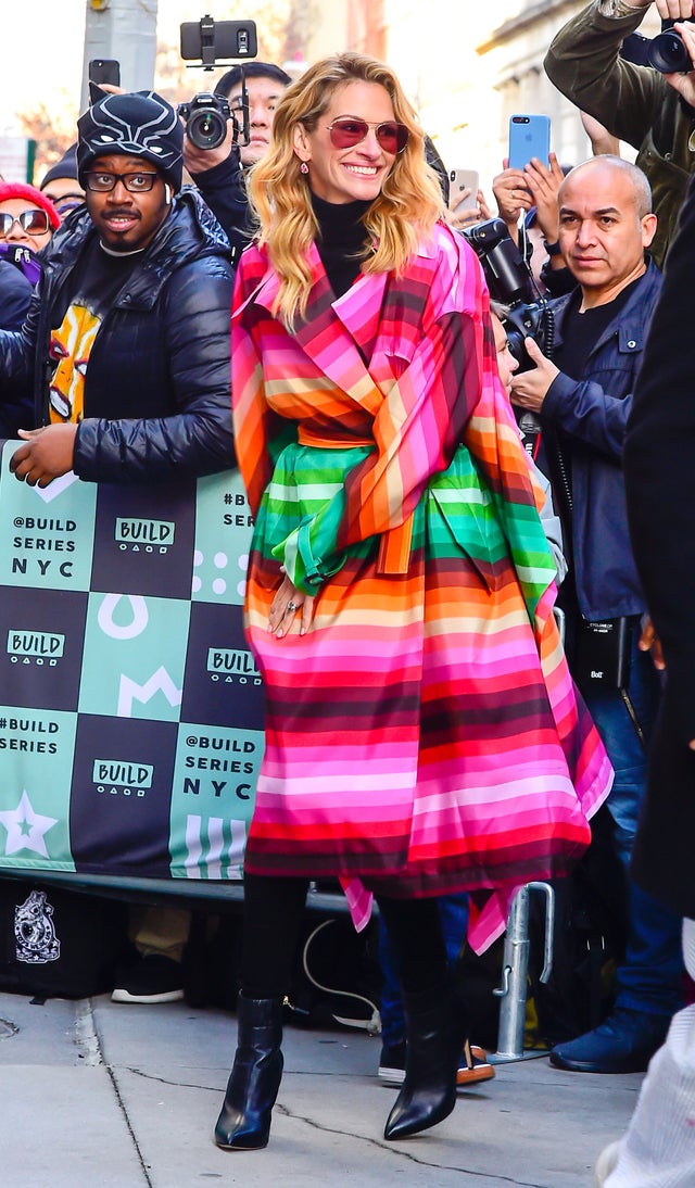 Julia Roberts in bright jacket outside of AOL Live