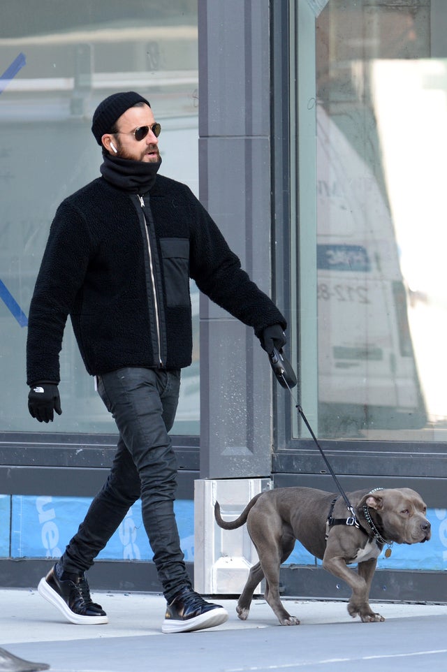 Justin Theroux walks his dog in NYC