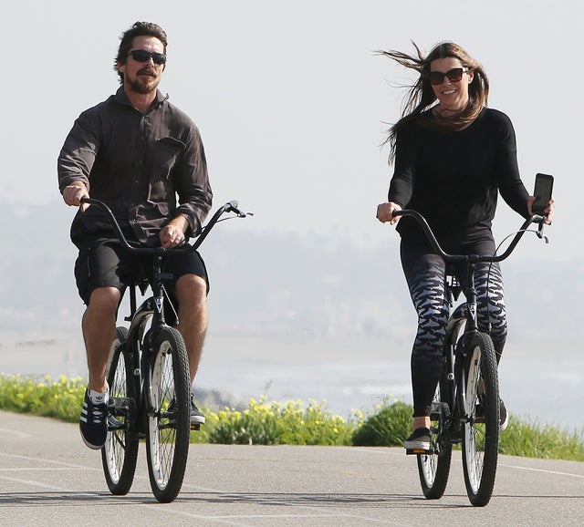 Christian Bale and his wife bike riding in Pacific Palisades