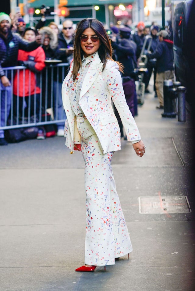 Priyanka Chopra in white patterned suit at GMA