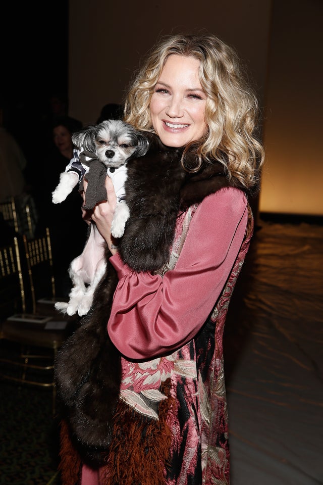 Jennifer Nettles and Tinkerbell poses backstage for Dennis Basso fashion show 