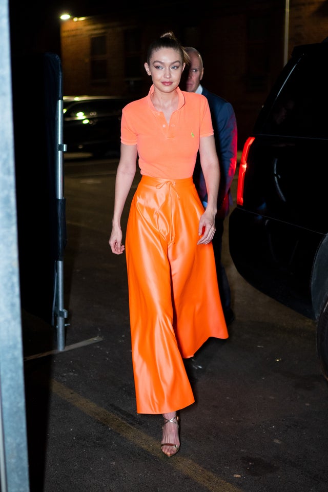 Gigi Hadid in orange ralph lauren outfit