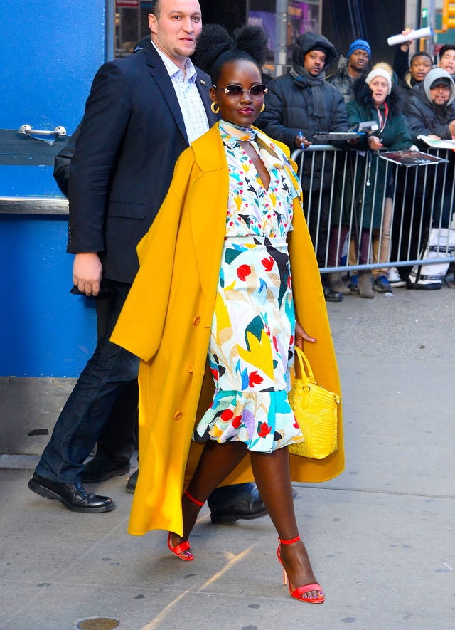 Lupita Nyong'o in yellow jacket in nyc