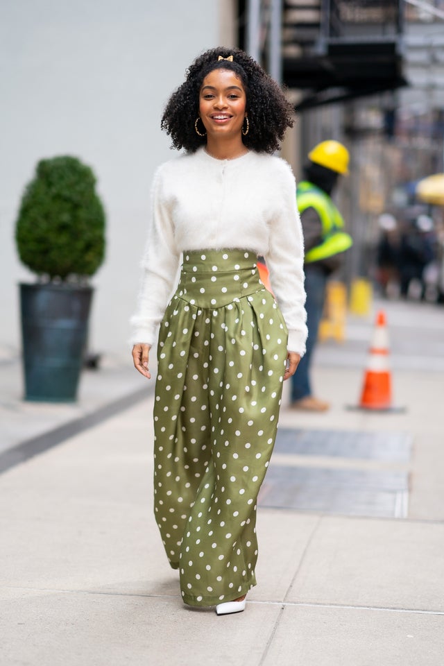 Yara Shahidi in green polka dot pants