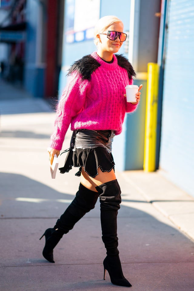 Rita Ora in pink sweater in nyc