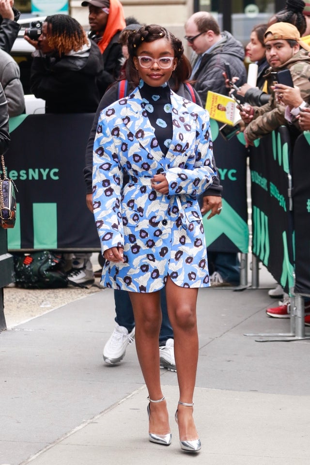 Marsai Martin in printed jacket in NYC