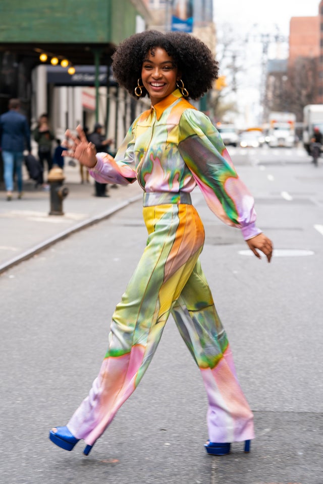 Yara Shahidi in watercolor outfit in nyc