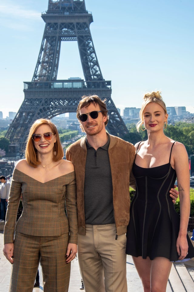 Jessica Chastain, Michael Fassbender and Sophie Turner at the "X-Men Dark Phoenix" Photocall At Cafe De L'Homme on April 26 in Paris