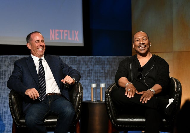 Jerry Seinfeld and Eddie Murphy onstage at netflix event