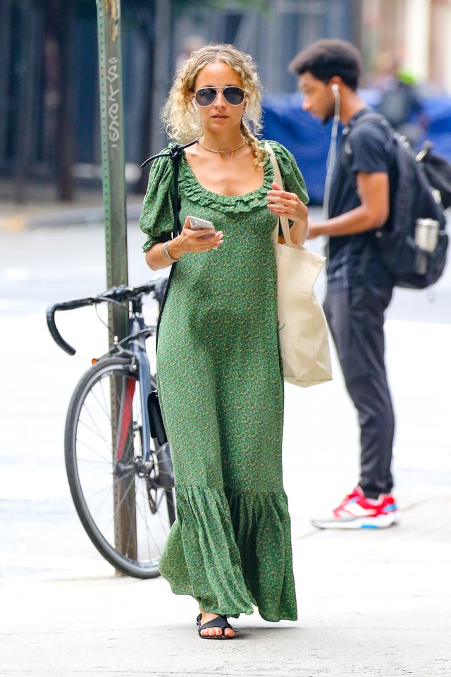 Nicole Richie in NYC in green dress