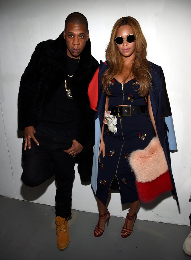 Jay-Z and Beyonce pose at the adidas Originals x Kanye West YEEZY SEASON 1 fashion show during New York Fashion Week Fall 2015 