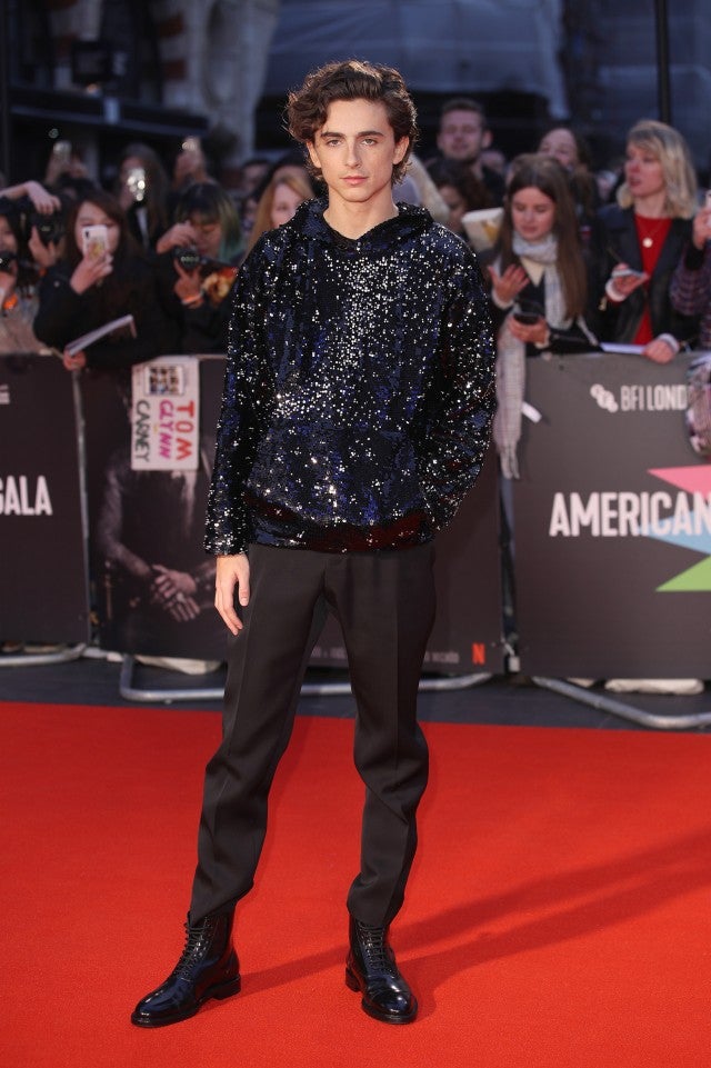 Timothee Chalamet in sequin hoodie at The King premiere