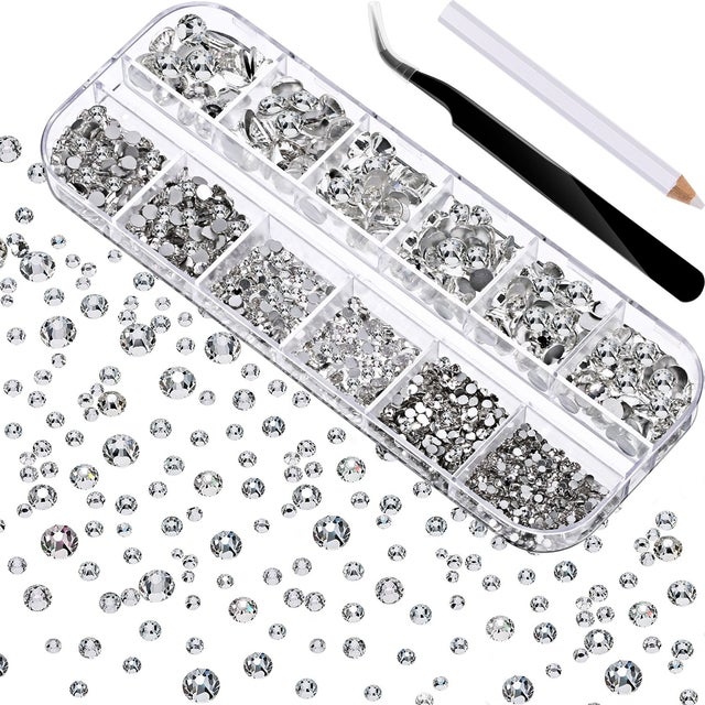 2000-Piece Round Crystal Rhinestones 6 Sizes with Pick Up Tweezer and Pen