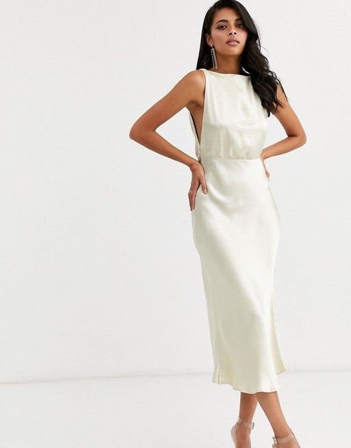 ASOS Cowl Back Bias Cut Midi Dress with Rhinestone Back Detail in Satin