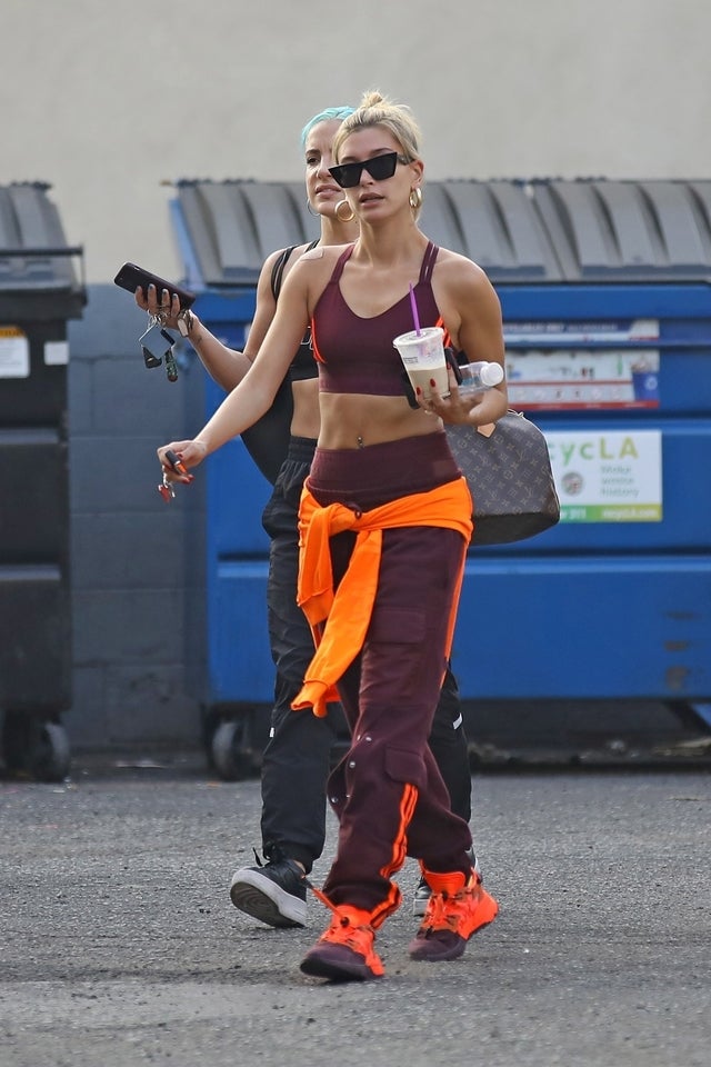 Hailey Bieber at 3rd Street Dance studio in purple spandex