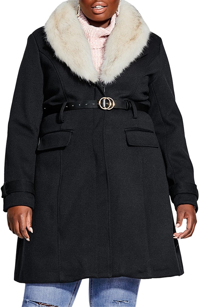 Belted Jacket with Faux Fur Collar